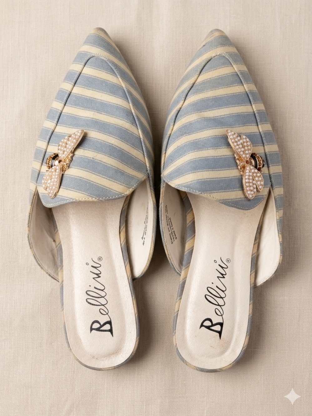 Bellini Pearl Bee Motif Striped Pointed-Toe Slip-On Mules in Gray and Cream